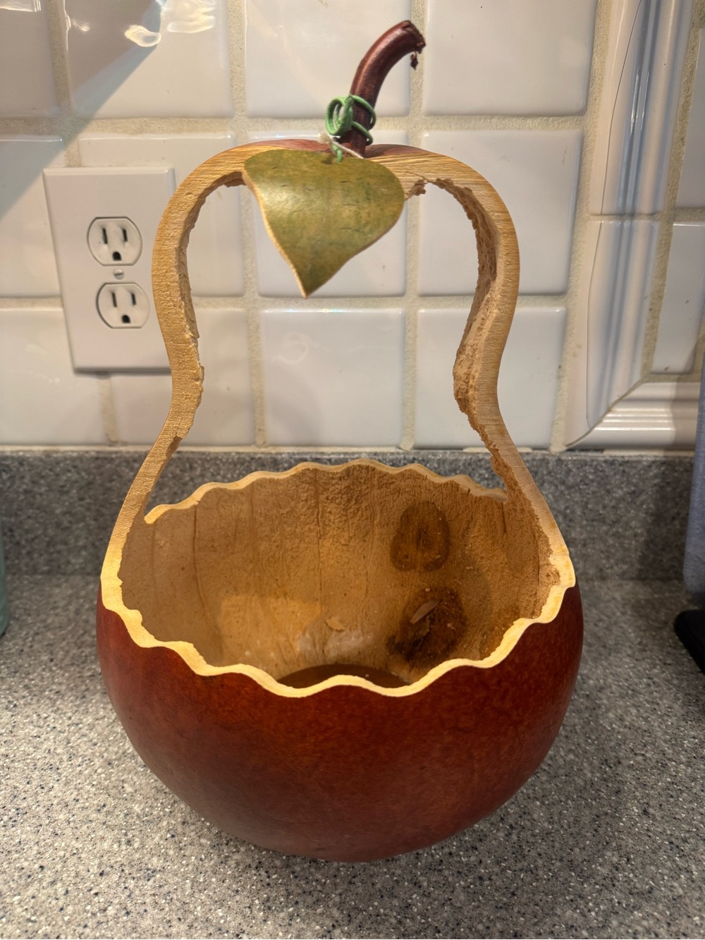 Meadowbrooke Gourds Hand-Carved Gourd Basket with Leaf Handle - Brown & Natural